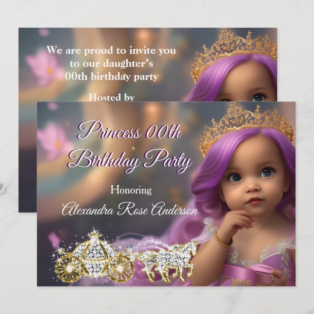 Convites Carruagem de festa de aniversário da princesa roxo (Frente/Verso)