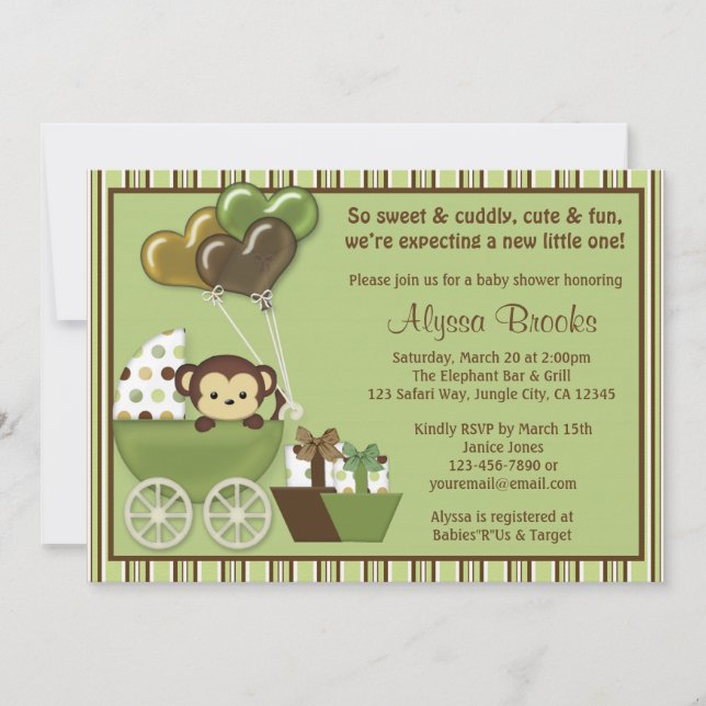 Convites Carruagem de macacos v1 Green Baby Shower Invances (Frente)