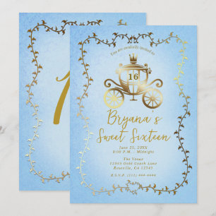Convites Carruagem de Ouro Elegante Conto Azul Sweet 16