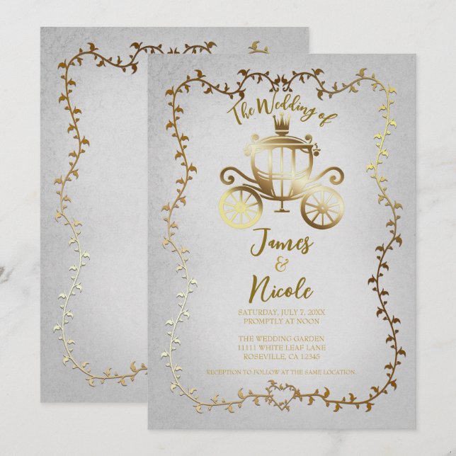 Convites Carruagem de Ouro Elegante História de Casamento e (Frente/Verso)