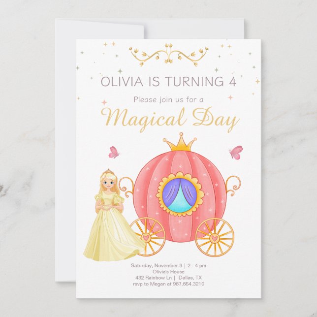 Convites Carruagem de Princesa Dia Mágico de Aniversário de (Frente)