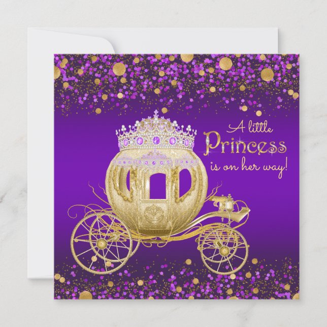Convites Carruagem de Princesa Roxa e Dourada Chá de Bebê (Frente)