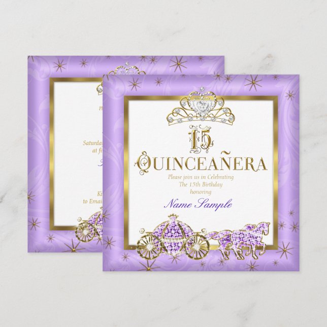 Convites Carruagem de Quinceanera Roxo Dourado de Tiara (Frente/Verso)