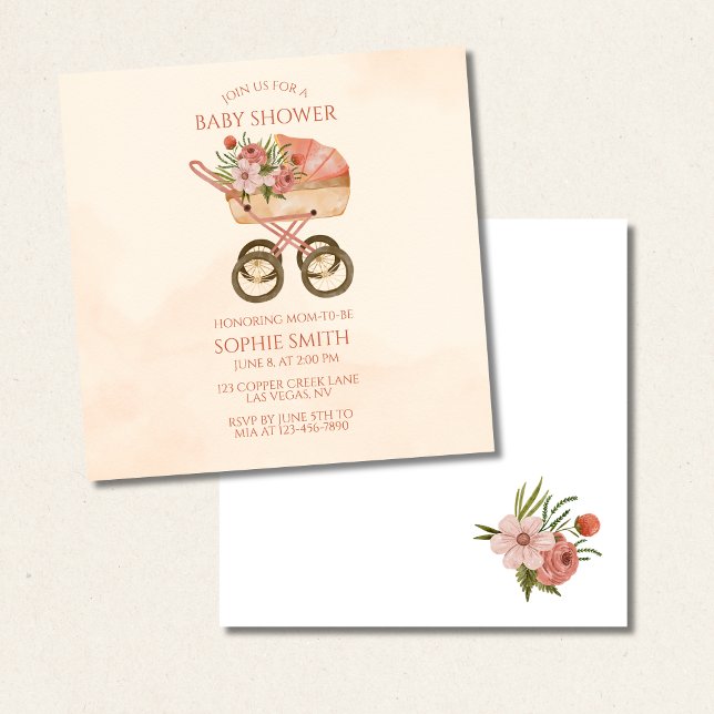 Convites Carruagem Floral Chá de fraldas Quadrado (Criador carregado)