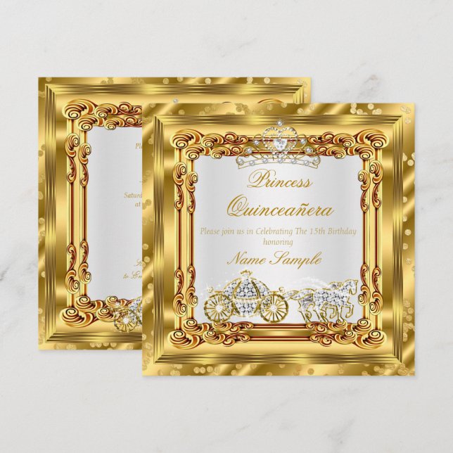 Convites Carruagem Mágica de Cavalos Dourada com Diamantes  (Frente/Verso)