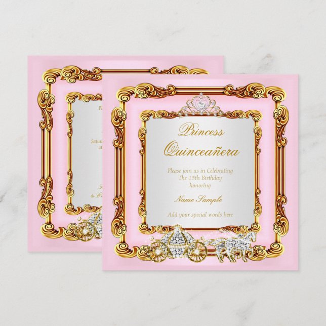 Convites Carruagem Mágica de Cavalos Rosa Dourado para Quin (Frente/Verso)