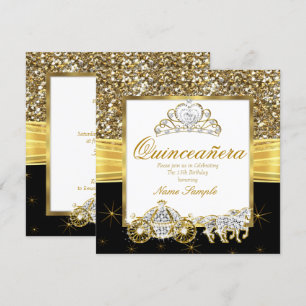 Convites Carruagem Mágica Dourada e Preta de Quinceanera Ca