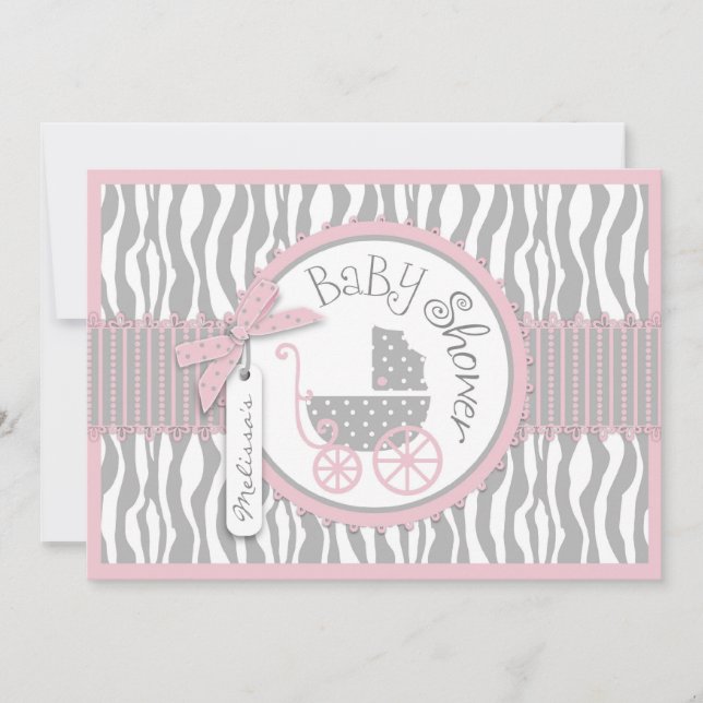Convites Carruagem para bebês, impressão zebra, Chá de fral (Frente)