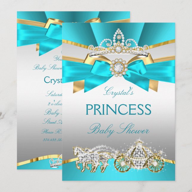 Convites Carruagem para Chá de Bebê Princesa Azul Turquesa  (Frente/Verso)