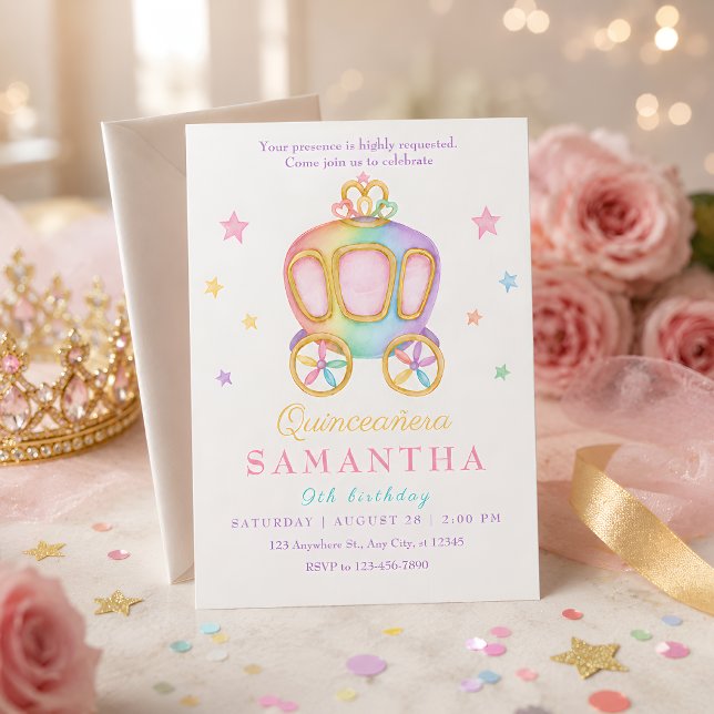 Convites Carruagem Princesa Arco-íris Pastel Quinceañera  (Criador carregado)