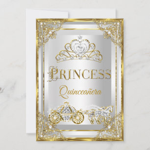 Convites Carruagem Princesa Pérola Dourado Branco Quinceane