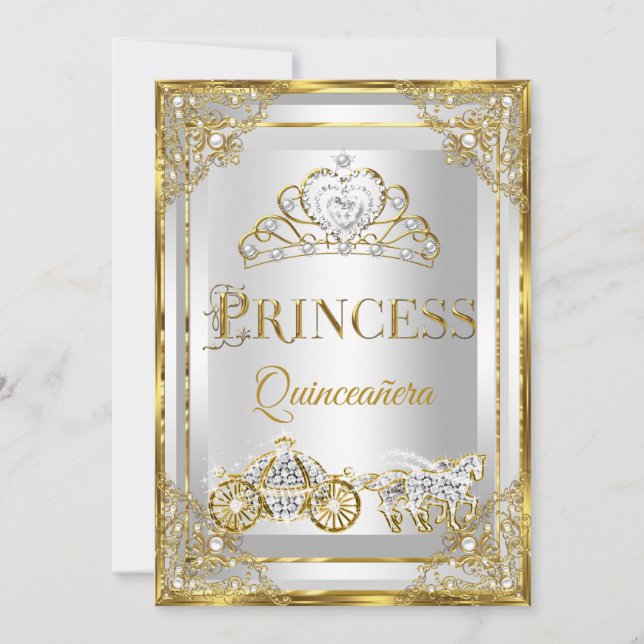 Convites Carruagem Princesa Pérola Dourado Branco Quinceane (Frente)
