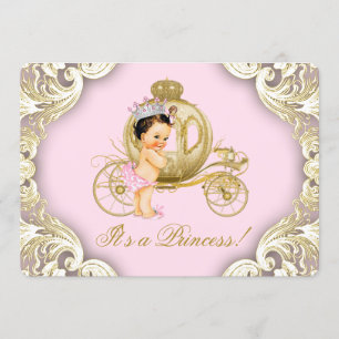 Convites Carruagem Real Rosa e Dourado Chás de Bebê da Prin