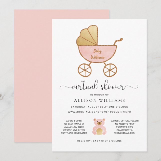 Convites Carruagem Retro Dourado Rosa Chá Rapariga Virtual (Frente/Verso)