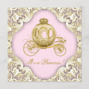 Convites Carruagem Rosa e Dourada Festa de Bebê da Princesa