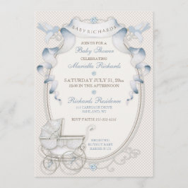 Convites Carruagem Vintage Aves Azuis de Ivory Gingham
