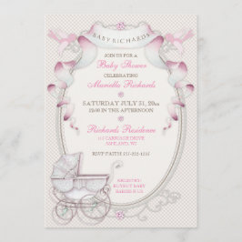 Convites Carruagem Vintage Aves de Gingham, Rosa-de-Marfim