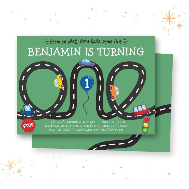 Convites Cars on Roads 1st Birthday Invitation (Criador carregado)