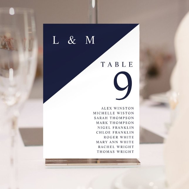 Convites Carta de Assentos Número de Mesa Monograma Azul e  (Navy And White Monogram Table Number Seating Chart)