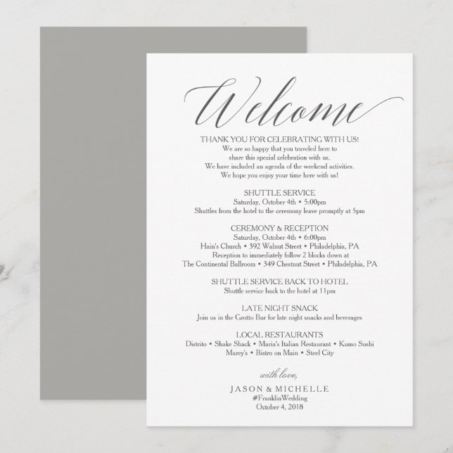 Convites Carta de Boas-Vindas ao Casamento com Letra Cinza (Frente/Verso)