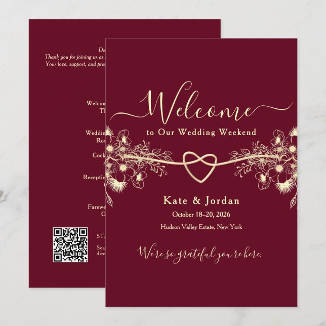 Convites Carta de Boas-Vindas de Casamento em Dourado e Bor (Frente/Verso)