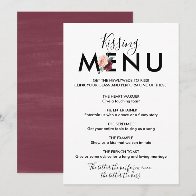 Convites Carta de Lettering Floral | Menu de Beijo Marrom (Frente/Verso)