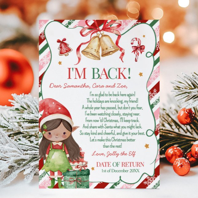 Convites Carta de Natal da Menina Elfo (Letter from Elf Christmas Brown Hair Light Brown Girl Letter Card )