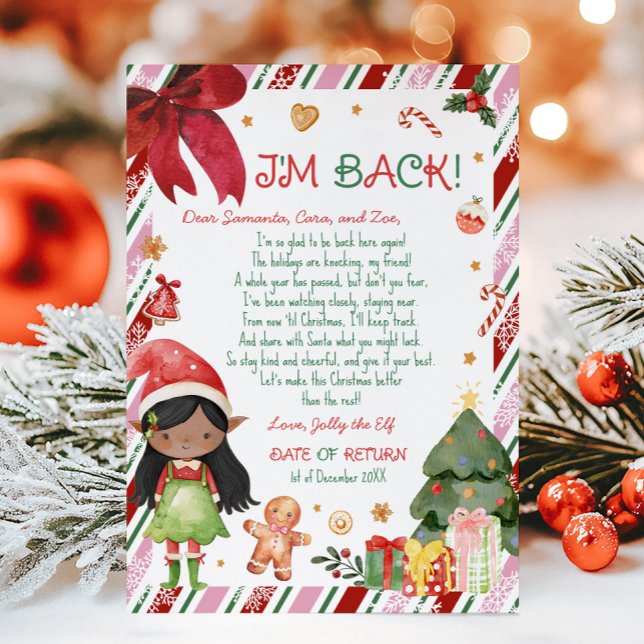 Convites Carta de Natal de Menina de Carta de Elfo (Christmas Dark Black Hair Dark Brown Girl Letter from Elf Letter Card)