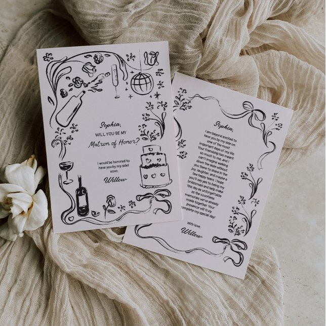 Convites Carta de Proposta de Honra Desenhada Mão (Matron of Honor proposal card)