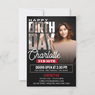 Convites Cartaz de Aniversário Preto Elegante com Foto
