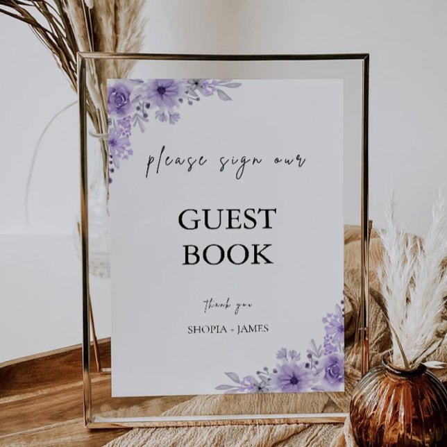 Convites Cartaz de Convidado de Casamento Roxo Modelo (Purple Wedding Guest Book Sign Template)