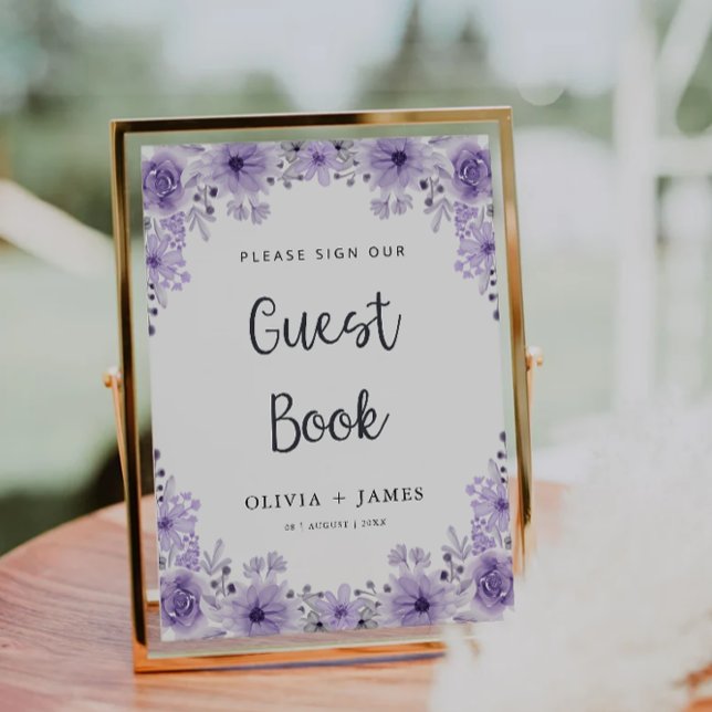 Convites Cartaz de Convidado de Casamento Roxo Modelo (Purple Wedding Guest Book Sign Template)