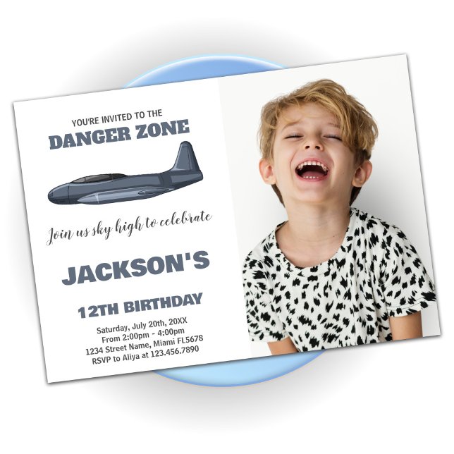 Convites Cartaz Jet Birthday - Cinza com foto (Fighter Jet Birthday Invitations Gray with photo)