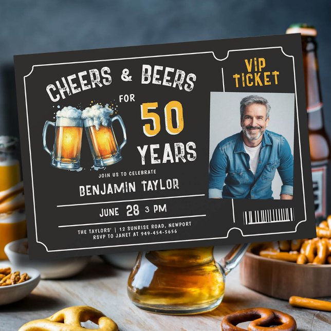 Convites Cartazes de cervejas Black 50th Birthday Foto (mens 50th birthday beer party invitation ticket photo black white yellow cheers rustic fun classy)