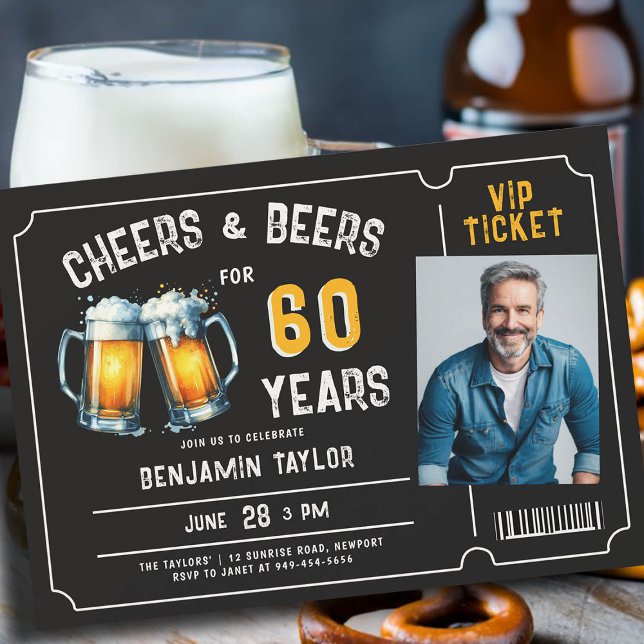 Convites Cartazes de cervejas Black 60th Birthday Foto (mens 60th birthday beer party invitation ticket photo black white yellow cheers rustic fun classy)