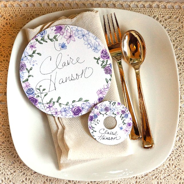 Convites Carteira de Mesa de Casamento Floral Roxo, Azul (purple lavender lilac springtime rose garden wedding place cards for a purple themed wedding party)