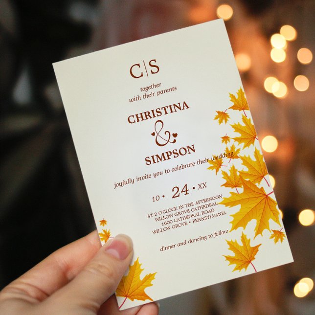 Convites Carteiro de outono Clássico Amarelo deixa casament (Yellow Classic autumn maple leaves wedding Invitation)
