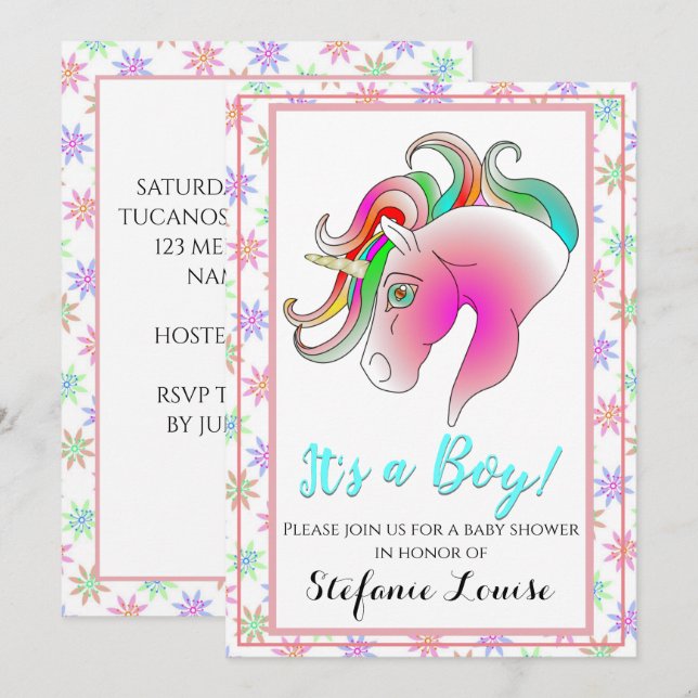 Convites Cartoon Arco-Íris de Unicórnio É um Rapaz! (buzina (Frente/Verso)