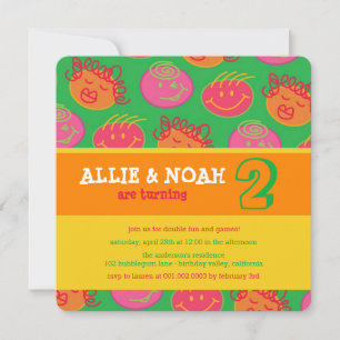 Convites Cartoon Bublegum Face Twins Foto de Aniversário