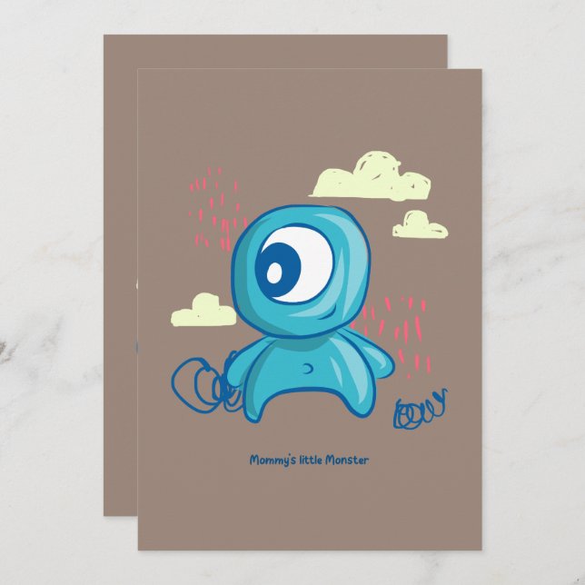 Convites Cartoon Character Hand Drawn Blue Monster Art (Frente/Verso)
