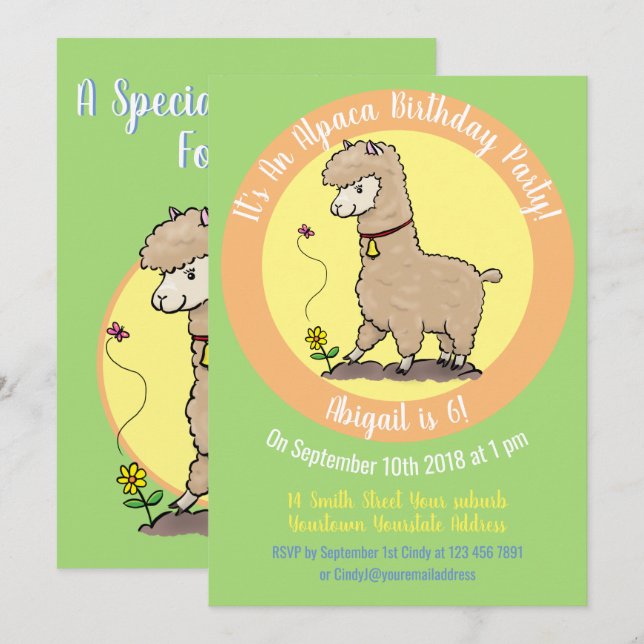 Convites Cartoon de alpaca (Frente/Verso)