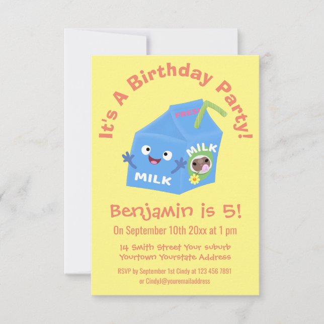 Convites Cartoon de cartonagem de leite feliz e bonito (Frente)