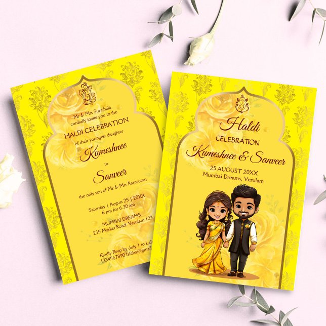 Convites Cartoon de casal de noiva indiana Haldi Sanget (Haldi Mehndi Sanget Indian wedding cute Indian bridal couple cartoon Invitation template digital)
