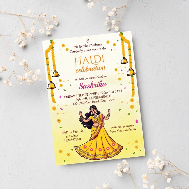 Convites Cartoon de noiva Haldi pithi (Haldi Indian wedding template invitation digital download dancing Indian bride cartoon marigolds)