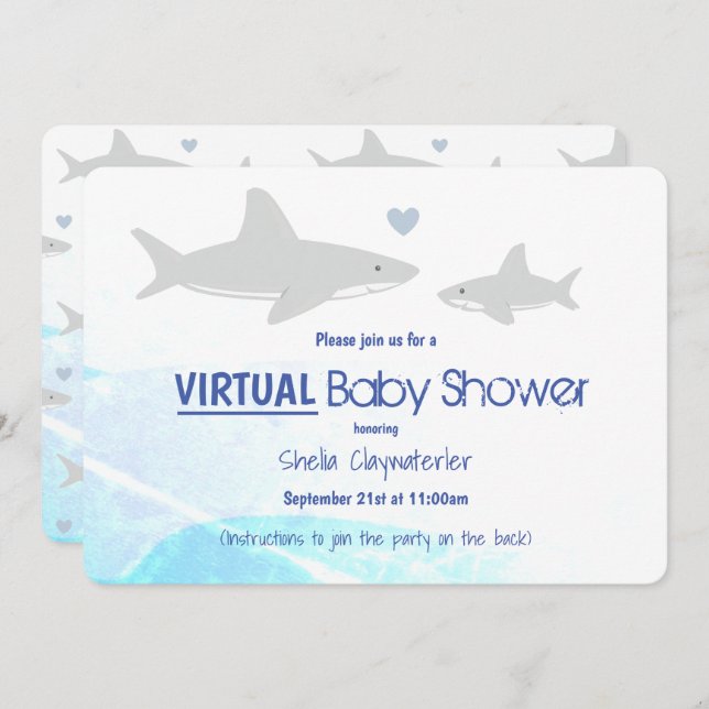 Convites Cartoon de Tubarão Azul de Cinza Branca de Chá de  (Frente/Verso)