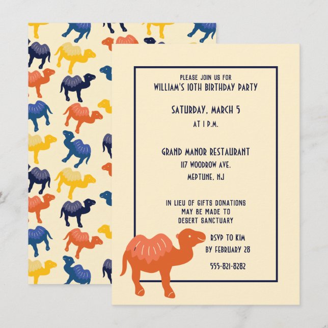 Convites Cartoon Laranja Camel Bactrian 2 Humps Personaliza (Frente/Verso)