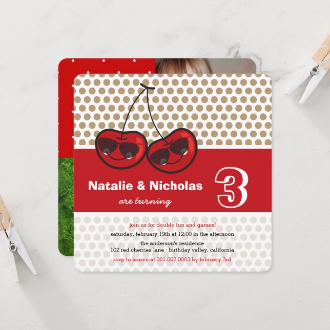 Convites Cartoon Legal Party Cherries Twins Foto de Anivers (Frente/Verso In Situ)