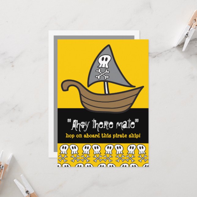 Convites Cartoon Pirate Skulls & Bones Kid's Festa de anive (Frente/Verso In Situ)