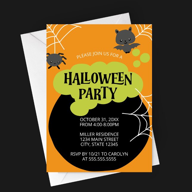 Convites Cartoon Witch's Cauldron Kid's Halloween Party (Retro Witch's Cauldron Halloween Party Invitation with Cartoon Characters on Orange Background)