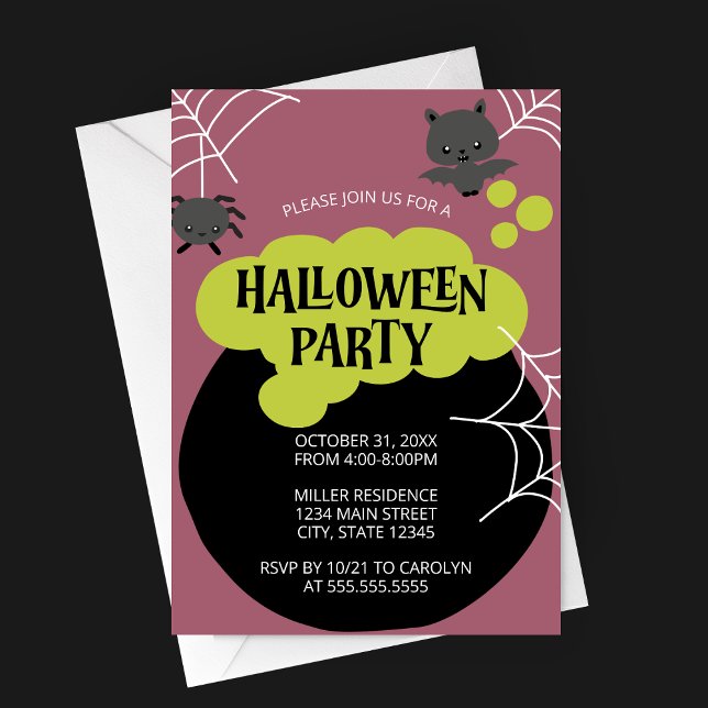 Convites Cartoon Witch's Cauldron Kid's Halloween Party (Retro Witch's Cauldron Halloween Party Invitation with Cartoon Characters on Purple Background)